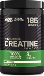 Imagem da Optimum Nutrition Creatina Monohidratada Micronizada 634g em pó. Suplemento de alta qualidade, sem sabor e com excelente solubilidade, ideal para força, resistência e recuperação muscular.