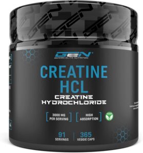 Imagem do suplemento Creatina HCL 3000 mg em 365 cápsulas veganas. Cloridrato de creatina puro, com alta absorção, ideal para desempenho, resistência e recuperação muscular.