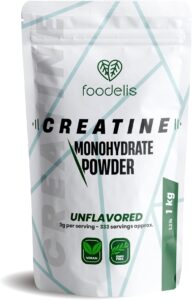 Imagem da Foodelis Creatina Monohidratada Micronizada 1kg em pó. Suplemento puro, sem sabor e sem aditivos, garantindo solubilidade superior e absorção eficiente para força e recuperação muscular.